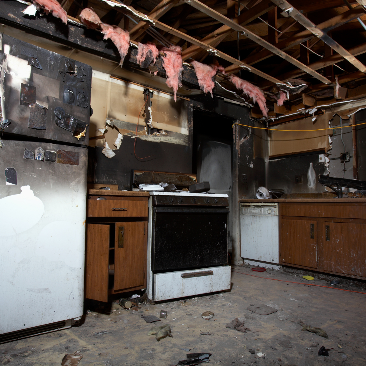 Fire damage in a kitchen