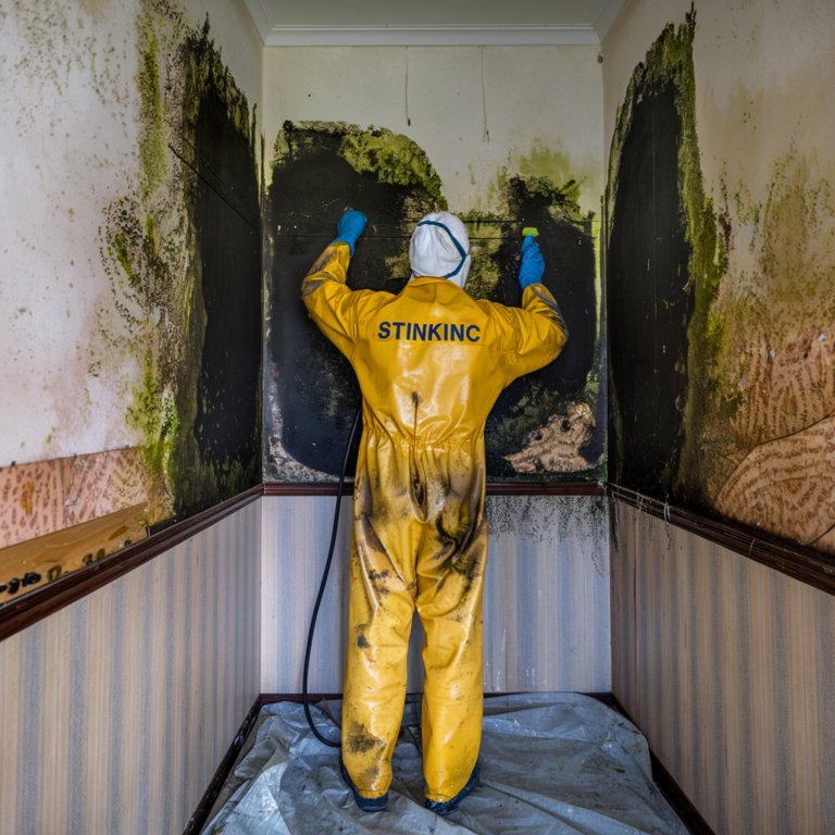 a worker in aan environmental suit and a respirator cleaning mold off the walls